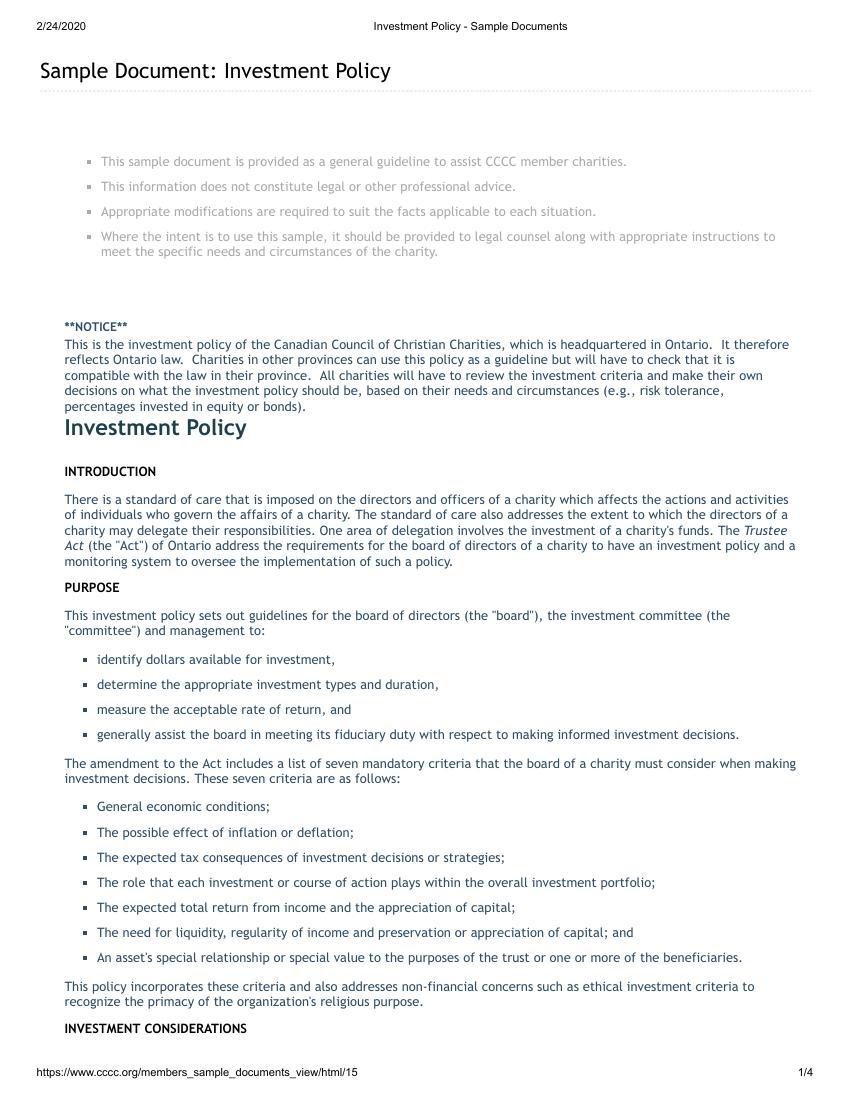 CCCC Investment Policy   Sample Documents